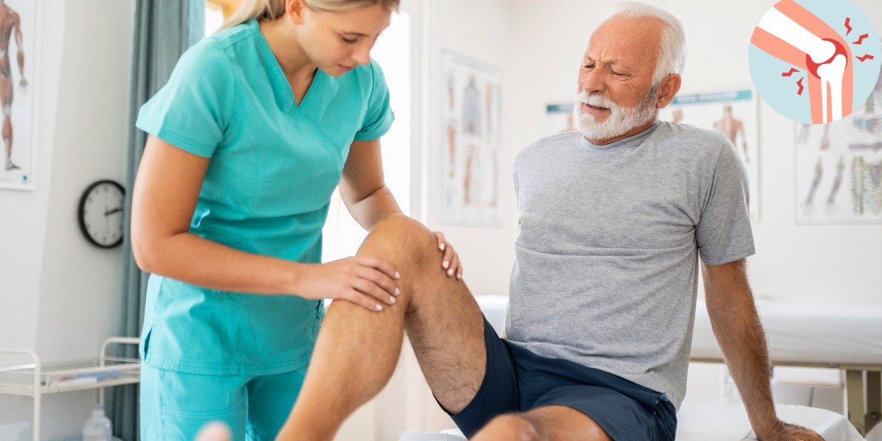 "Elderly person holding knee in pain, showing signs of joint discomfort and arthritis while sitting on a bench"